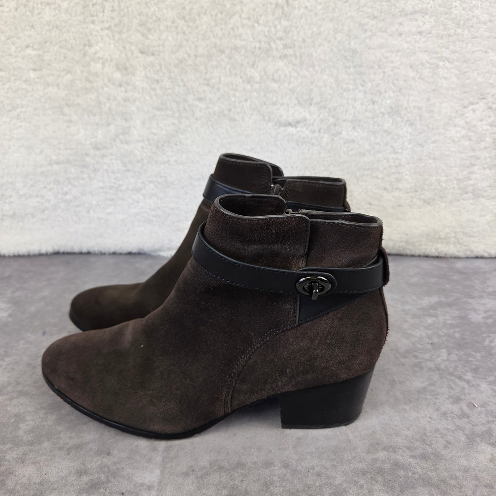 Coach Dark Brown Suede Leather Strap Turnlock Ankle Boots Block Heel Womens